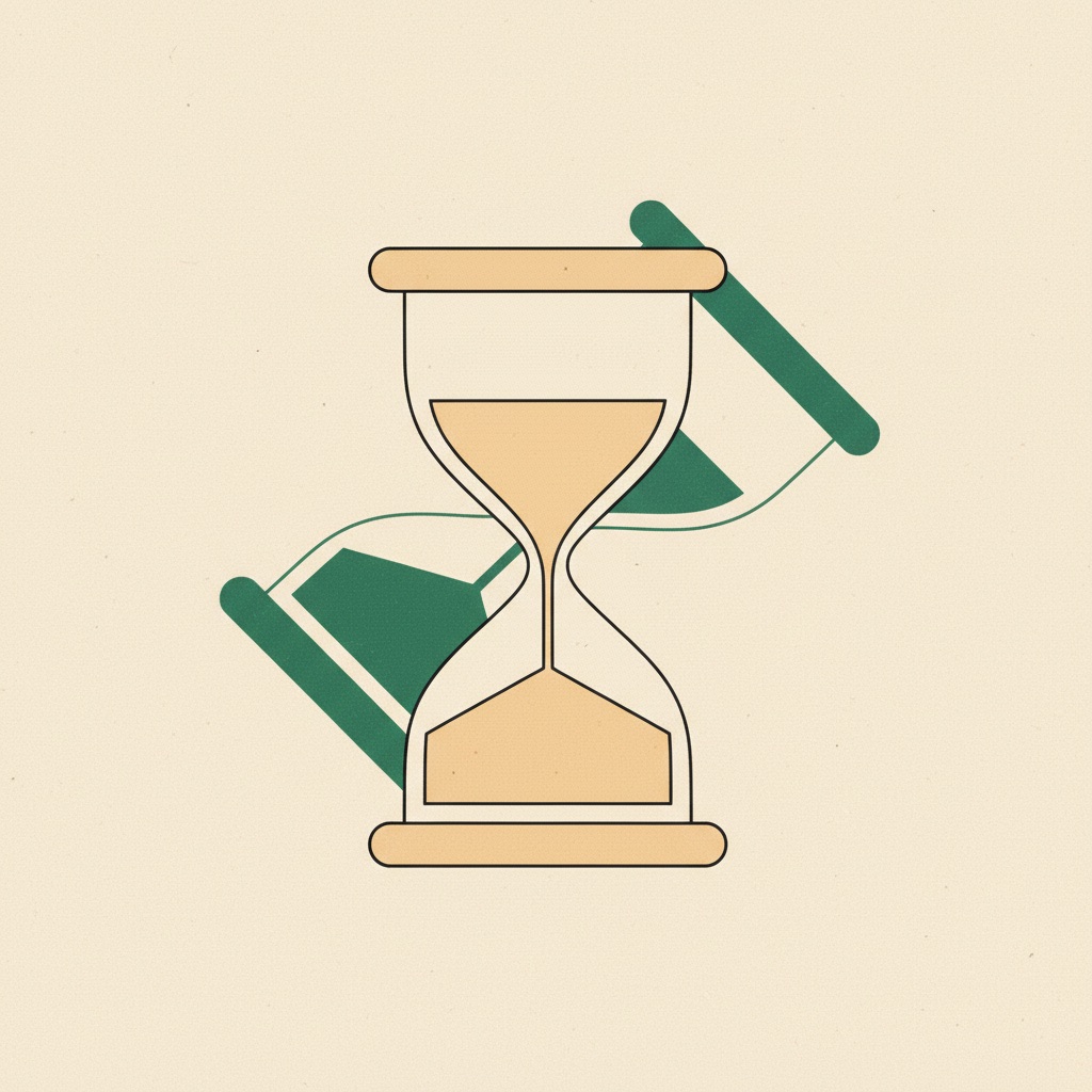 An hourglass upright, the outline of its tilted position behind it