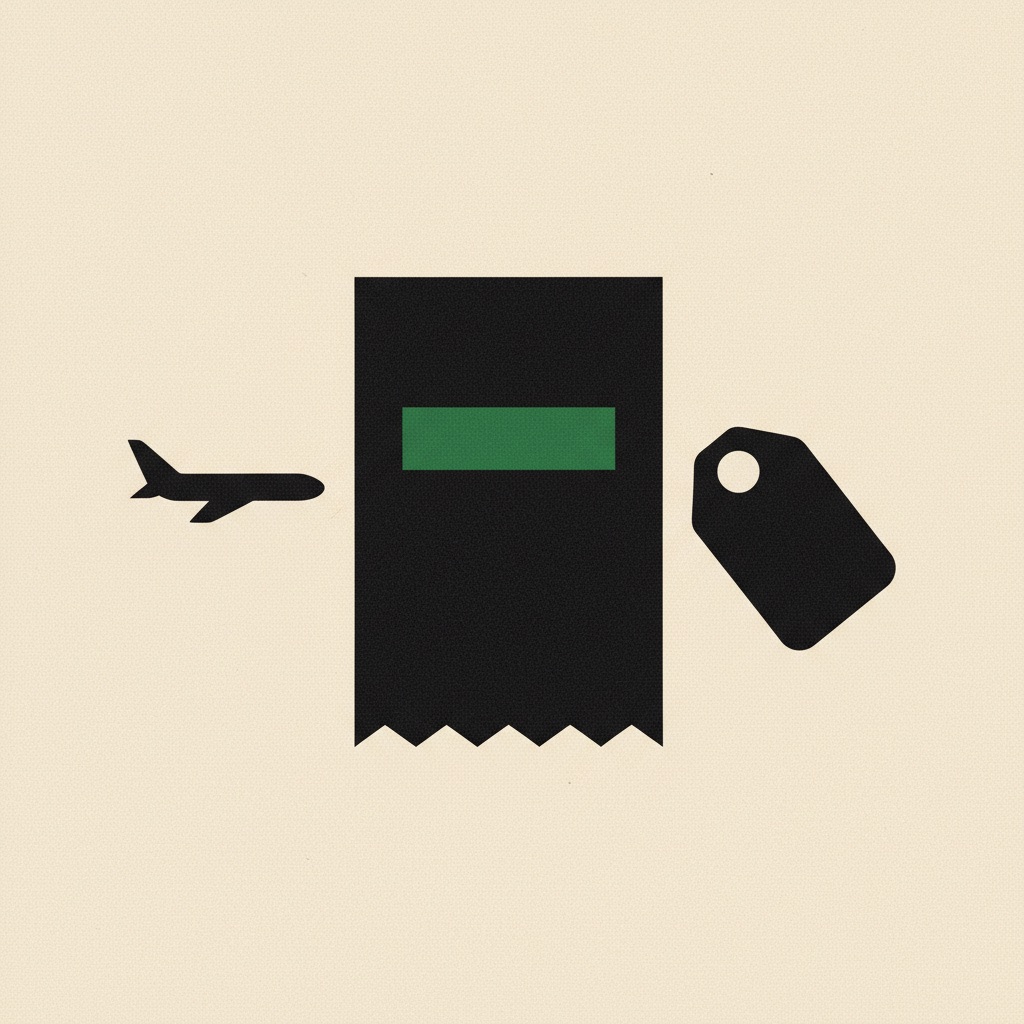 A receipt with one green line, between a plane and a price tag